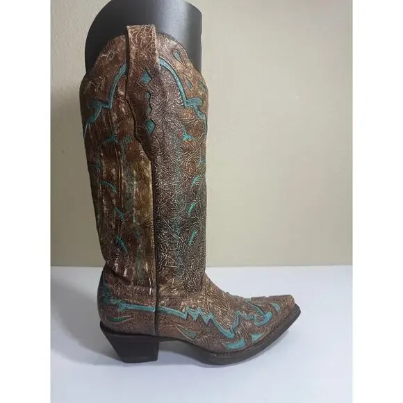 EUC Corral Boots Women's Tan Turquoise Snip Toe Western Cowboy Boots - Size 6M - Picture 4 of 8